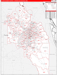 Orlando-Kissimmee-Sanford Metro Area Wall Map Red Line Style 2026